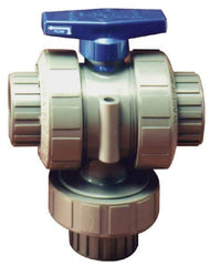 Plast-O-Matic - 1" Pipe, PVC True Union Design Ball Valve - Three Way, FNPT x FNPT x FNPT Ends, Tee Handle, 175 WOG - Exact Industrial Supply