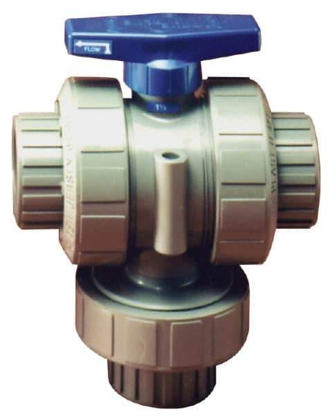 Plast-O-Matic - 1/2" Pipe, PVC True Union Design Ball Valve - Three Way, FNPT x FNPT x FNPT Ends, Tee Handle, 175 WOG - Exact Industrial Supply