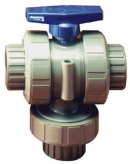 Plast-O-Matic - 1/2" Pipe, PVC True Union Design Ball Valve - Three Way, FNPT x FNPT x FNPT Ends, Tee Handle, 175 WOG - Exact Industrial Supply
