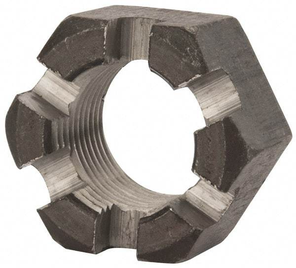 Value Collection - 1-1/8 - 12 UNF Grade 2 Steel Slotted Locknut - 1-11/16" Width Across Flats, 31/32" High, Uncoated - Exact Industrial Supply
