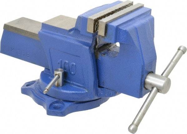 Interstate - 4" Jaw Width, 3-17/32" Opening Capacity, 2-1/4" Throat Depth, Cast Iron Swivel Bench Vise - Bolt Down Base Attachment, 5.77" High - Exact Industrial Supply