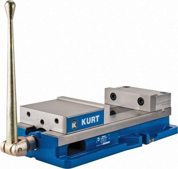 Kurt - 8" Jaw Width, 10" Jaw Opening Capacity, Horizontal Stationary Machine Vise - Manual Operation, 11,596 Lb Capacity, 1 Station, 24.185" Long x 5.51" High x 2-13/64" Deep, 2.2" Jaw Height, 80,000 psi Max Clamp Force, Ductile Iron - Exact Industrial Supply