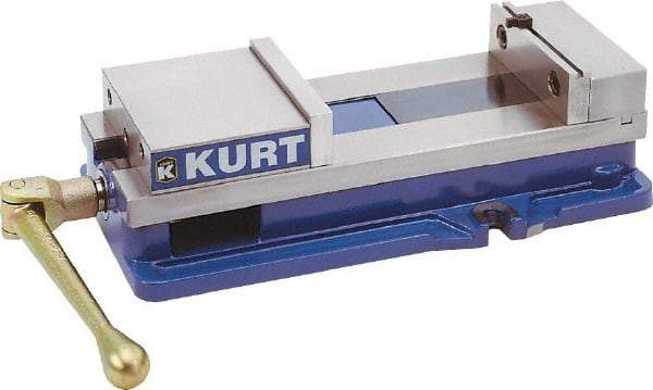 Kurt - 10" Jaw Width, 9-3/4" Jaw Opening Capacity, Horizontal Stationary Machine Vise - Manual Operation, 26,277 Lb Capacity, 1 Station, 29.19" Long x 6-13/16" High x 2-15/16" Deep, 2-1/2" Jaw Height, 80,000 psi Max Clamp Force, Ductile Iron - Exact Industrial Supply