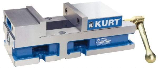 Kurt - 6" Jaw Width, 4" Jaw Opening Capacity, Horizontal Stationary Machine Vise - Reverse Manual Operation, 6,356 Lb Capacity, 1 Station, 14.88" Long x 4.6720" High x 1-31/64" Deep, 1.735" Jaw Height, 80 Lb Max Clamp Force - Exact Industrial Supply
