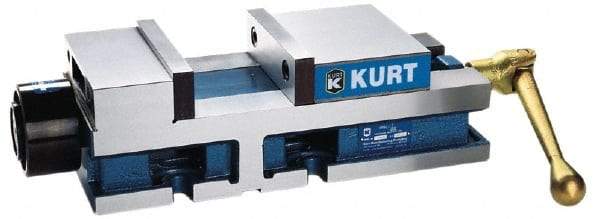 Kurt - 6" Jaw Width, 6" Jaw Opening Capacity, Horizontal Stationary Machine Vise - Hydraulic Operation, 12,600 Lb Capacity, 1 Station, 17" Long x 4.6720" High x 1-31/64" Deep, 1.735" Jaw Height, 3,200 psi Max Clamp Force - Exact Industrial Supply