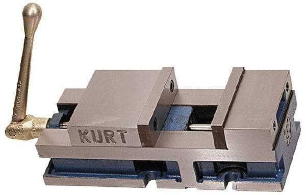 Kurt - 6" Jaw Width, 6" Jaw Opening Capacity, Horizontal Stationary Machine Vise - Air Operation, 5,000 Lb Capacity, 1 Station, 17" Long x 4.6720" High x 1-31/64" Deep, 1.735" Jaw Height, 100 psi Max Clamp Force - Exact Industrial Supply