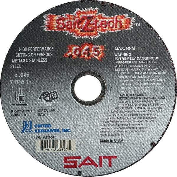 Sait - 5" Zirconia Alumina Cutoff Wheel - 0.045" Thick, 7/8" Arbor, 12,200 Max RPM, Use with Angle Grinders - Exact Industrial Supply
