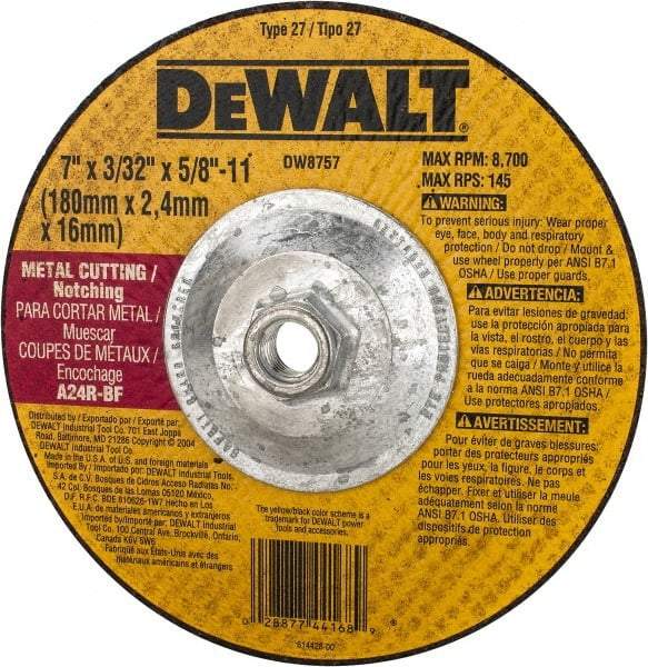 DeWALT - 24 Grit, 7" Wheel Diam, 3/32" Wheel Thickness, Type 27 Depressed Center Wheel - Aluminum Oxide, R Hardness, 8,700 Max RPM, Compatible with Angle Grinder - Exact Industrial Supply