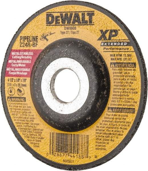 DeWALT - 24 Grit, 4-1/2" Wheel Diam, 1/8" Wheel Thickness, 7/8" Arbor Hole, Type 27 Depressed Center Wheel - Zirconia Alumina, R Hardness, 13,300 Max RPM, Compatible with Angle Grinder - Exact Industrial Supply