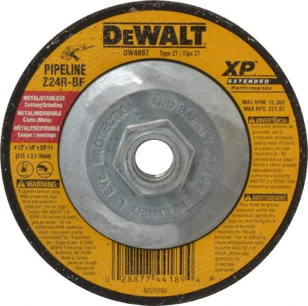 DeWALT - 24 Grit, 4-1/2" Wheel Diam, 1/8" Wheel Thickness, Type 27 Depressed Center Wheel - Zirconia Alumina, R Hardness, 13,300 Max RPM, Compatible with Angle Grinder - Exact Industrial Supply
