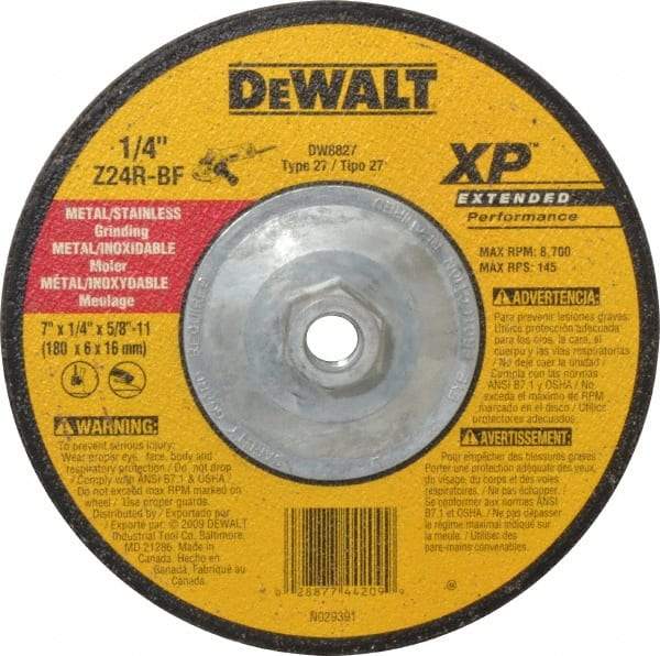 DeWALT - 24 Grit, 7" Wheel Diam, 1/4" Wheel Thickness, Type 27 Depressed Center Wheel - Zirconia Alumina, R Hardness, 8,700 Max RPM, Compatible with Angle Grinder - Exact Industrial Supply