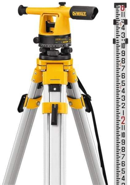 DeWALT - 20x Magnification, 5 to 200 Ft. Measuring Range, Transit Optical Level Kit - Accuracy 1/4 Inch at 100 Ft., Kit Includes Aluminum Tripod with Quick Adjust Legs - Exact Industrial Supply