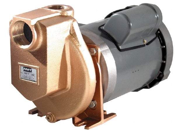 American Machine & Tool - 115/230 Volt, 1 Phase, 3/4 HP, Self Priming Pump - 1-1/2 Inch Inlet, 52 Head Pressure, Bronze and Cast Iron Housing, Bronze Impeller, PTFE Seal - Exact Industrial Supply