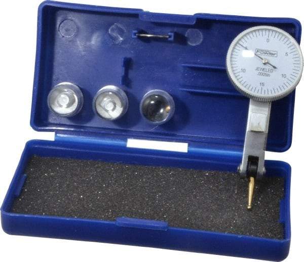 Fowler - 0.03 Inch Range, 0.0005 Inch Dial Graduation, Horizontal Dial Test Indicator - 1 Inch White Dial, 0-15-0 Dial Reading - Exact Industrial Supply