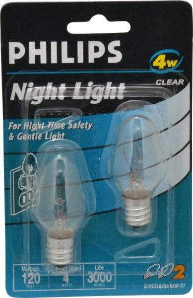 Philips - 4 Watt Incandescent Residential/Office Candelabra Screw Lamp - 2,700°K Color Temp, 16 Lumens, 120 Volts, Dimmable, C7, 3,000 hr Avg Life - Exact Industrial Supply