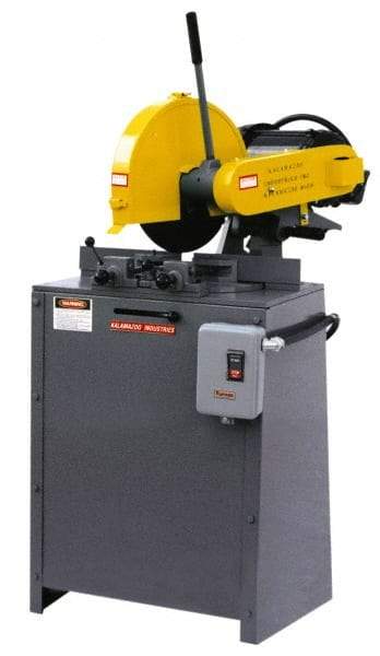 Kalamazoo - 14" Blade Diam, 1" Arbor Hole, Miter Chop & Cutoff Saw - 3 Phase, 4,400 RPM, 5 hp, 220/440 Volts, 2-1/2" in Solids at 90°, 2-1/2" in Solids at 45°, 3" in Pipe at 45° - Exact Industrial Supply