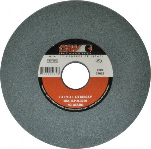 Camel Grinding Wheels - 7" Diam x 1-1/4" Hole x 1/4" Thick, I Hardness, 80 Grit Surface Grinding Wheel - Silicon Carbide, Type 1, Medium Grade, 3,760 Max RPM, Vitrified Bond, No Recess - Exact Industrial Supply