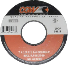 Camel Grinding Wheels - 7" Diam x 1-1/4" Hole x 1/4" Thick, I Hardness, 100 Grit Surface Grinding Wheel - Silicon Carbide, Type 1, Fine Grade, 3,760 Max RPM, Vitrified Bond, No Recess - Exact Industrial Supply