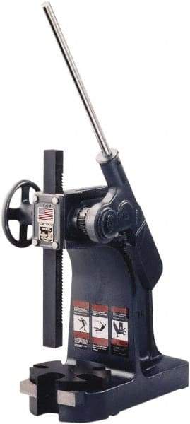 Dake - 1-1/4" Ram, 7" Throat Depth, 3 Ton Manual Arbor Press - 10-3/4" Max Work Height x 14" Max Work Width, Ratchet Leverage, 48:1 Leverage Ratio, 7-1/4" Base Width x 18" Base Depth - Exact Industrial Supply