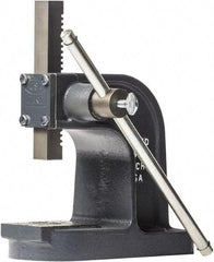 Dake - 1" Ram, 3-1/2" Throat Depth, 1 Ton Manual Arbor Press - 4-1/2" Max Work Height x 7" Max Work Width, Single Leverage, 25:1 Leverage Ratio, 4-1/4" Base Width x 9-1/2" Base Depth - Exact Industrial Supply