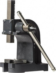 Dake - 1" Ram, 3-1/2" Throat Depth, 1 Ton Manual Arbor Press - 4-1/2" Max Work Height x 7" Max Work Width, Single Leverage, 25:1 Leverage Ratio, 4-1/4" Base Width x 9" Base Depth - Exact Industrial Supply