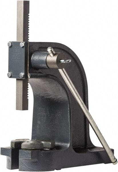 Dake - 1" Ram, 4-1/2" Throat Depth, 1-1/2 Ton Manual Arbor Press - 7-1/8" Max Work Height x 9" Max Work Width, Single Leverage, 32:1 Leverage Ratio, 6" Base Width x 14" Base Depth - Exact Industrial Supply