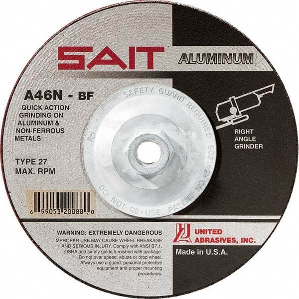 Sait - 46 Grit, 4-1/2" Wheel Diam, 1/4" Wheel Thickness, Type 27 Depressed Center Wheel - Aluminum Oxide, Resinoid Bond, N Hardness, 13,300 Max RPM, Compatible with Angle Grinder - Exact Industrial Supply