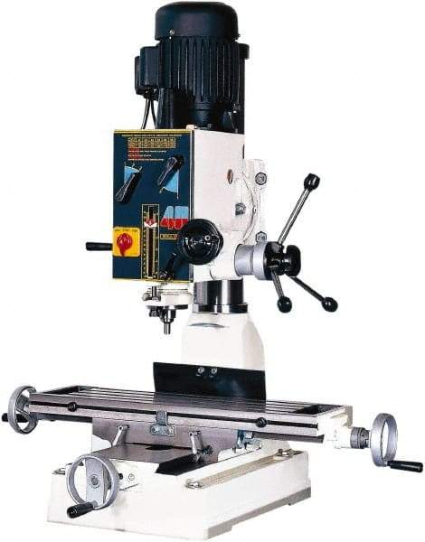 Rong Fu - 3 Phase, 20" Swing, Geared Head Mill Drill Machine - 28-3/4" Table Length x 8-1/4" Table Width, 18-1/8" Longitudinal Travel, 9" Cross Travel, 6 Spindle Speeds, 1 hp, 220 Volts - Exact Industrial Supply