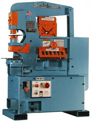 Scotchman - 12" Throat Depth, 90 Ton Punch Pressure, 1-1/8" in 1" Punch Capacity Ironworker - 5 hp, 3 Phase, 208/380/575 (Standard), 230 (Optional) & 230/240 (Standard) Volts, 76" Wide x 70" High x 26" Deep - Exact Industrial Supply