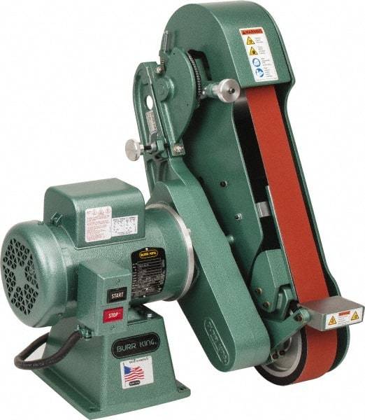 Burr King - 60 Inch Long x 2-1/2 Inch Wide Belt Grinder - 1-1/2 hp, 120/220 Volts, Vertical Belt, 800 to 8,000 Ft. per Min Belt Speed - Exact Industrial Supply