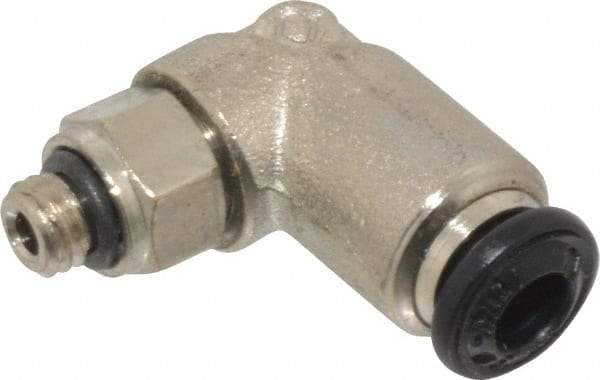 Alpha Technologies - 4mm Outside Diam, M5 Metric, Nickel Plated Brass Push-to-Connect Tube Male Swivel Elbow - 250 Max psi, Tube to Metric Thread Connection, Buna O-Ring - Exact Industrial Supply
