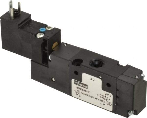Parker - 1/8", 3-Way Body Ported Stacking Solenoid Valve - 24 VDC, 0.75 CV Rate, Air Return, 2.14" High x 4.2" Long - Exact Industrial Supply