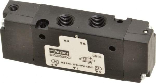 Parker - 1/8", 4-Way Body Ported Stacking Solenoid Valve - 0.75 CV Rate, Air Return, 1.13" High x 2.65" Long - Exact Industrial Supply