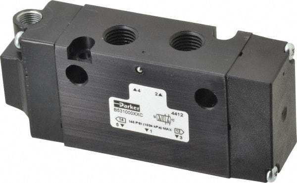 Parker - 1/4", 4-Way Body Ported Stacking Solenoid Valve - 1.4 CV Rate, Air Return, 1.89" High x 4.37" Long - Exact Industrial Supply