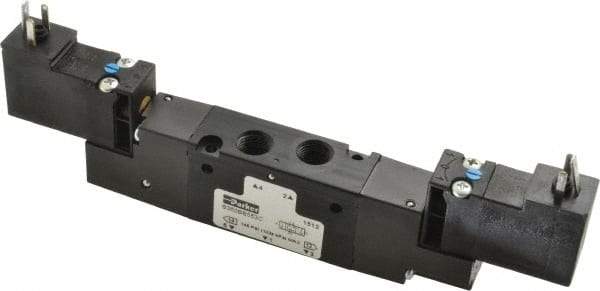 Parker - 4-Way Body Ported Stacking Solenoid Valve - 120 VAC, 0.6 CV Rate, 6.44" Long - Exact Industrial Supply