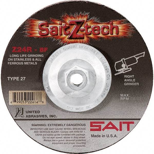 Sait - 24 Grit, 7" Wheel Diam, 1/4" Wheel Thickness, Type 27 Depressed Center Wheel - Zirconia Alumina, Resinoid Bond, R Hardness, 8,500 Max RPM, Compatible with Angle Grinder - Exact Industrial Supply