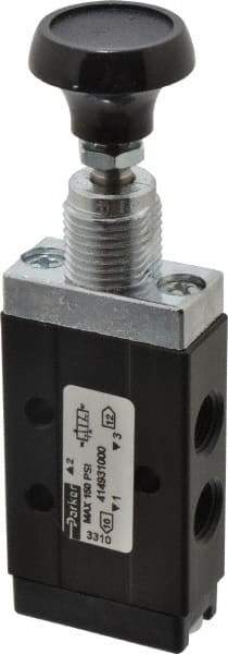 Parker - 0.20 CV Rate, 1/8" NPT Inlet Direct Air 2 Mechanical Spool Valve - 3 Way, 2 Position, Manual Return, Button Push Pull, 150 Max psi - Exact Industrial Supply