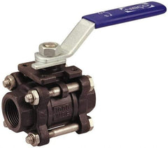NIBCO - 1-1/4" Pipe, Full Port, Carbon Steel Standard Ball Valve - 3 Piece, Inline - One Way Flow, FNPT x FNPT Ends, Locking Lever Handle, 1,000 WOG - Exact Industrial Supply