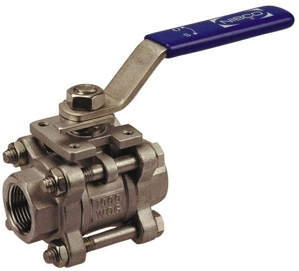 NIBCO - 1-1/2" Pipe, Full Port, Bronze Standard Ball Valve - 2 Piece, Inline - One Way Flow, FNPT x Soldered Ends, Lever Handle, 600 WOG, 150 WSP - Exact Industrial Supply