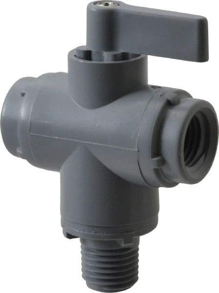 Specialty Mfr - 1/4" Pipe, PVC Standard Ball Valve - Three Way, MNPT x FNPT x FNPT Ends, Wedge Handle, 125 WOG - Exact Industrial Supply