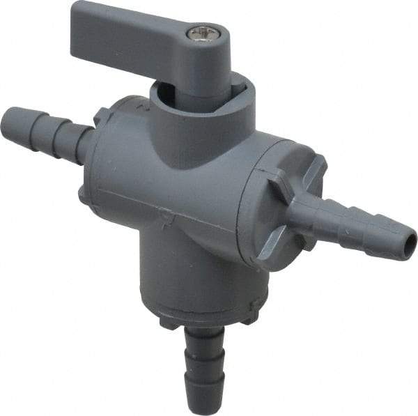Specialty Mfr - 1/4" Pipe, PVC Standard Ball Valve - Three Way, Barbed x Barbed x Barbed Ends, Wedge Handle, 125 WOG - Exact Industrial Supply