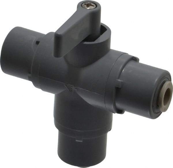 Specialty Mfr - 1/4" Pipe, PVC Standard Ball Valve - Three Way, Push-to-Connect x Push-to-Connect x Push-to-Connect Ends, Wedge Handle, 125 WOG - Exact Industrial Supply