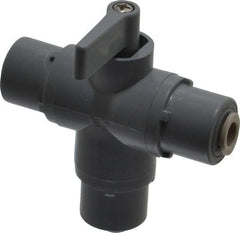 Specialty Mfr - 1/4" Pipe, PVC Standard Ball Valve - Three Way, Push-to-Connect x Push-to-Connect x Push-to-Connect Ends, Wedge Handle, 125 WOG - Exact Industrial Supply