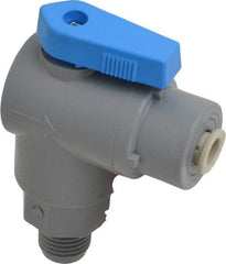 Specialty Mfr - 1/4" Pipe, PVC Standard Ball Valve - Right Angle, MNPT x Push-to-Connect Ends, Wedge Handle, 125 WOG - Exact Industrial Supply