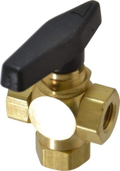 Specialty Mfr - 1/4" Pipe, Brass Standard Ball Valve - Three Way, FNPT x FNPT x FNPT Ends, Wedge Handle, 400 WOG - Exact Industrial Supply