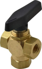 Specialty Mfr - 1/4" Pipe, Brass Standard Ball Valve - Three Way, FNPT x FNPT x FNPT Ends, Wedge Handle, 400 WOG - Exact Industrial Supply