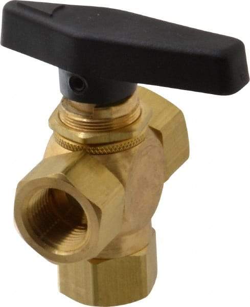 Specialty Mfr - 3/8" Pipe, Brass Standard Ball Valve - Three Way, FNPT x FNPT x FNPT Ends, Wedge Handle, 400 WOG - Exact Industrial Supply