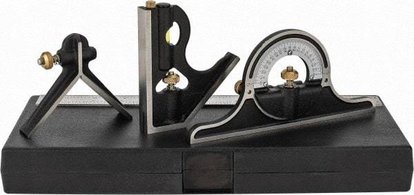 Value Collection - 4 Piece, 12" Combination Square Set - 1/16, 1/32, 1/64 & 1/8" (4R) Graduation, Hardened Steel Blade, Cast Iron Center, Protractor & Square Head - Exact Industrial Supply