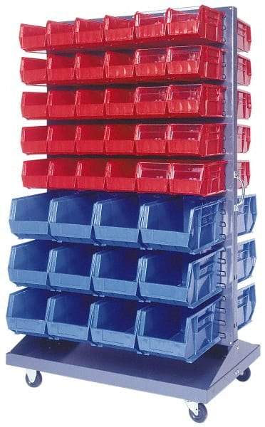 Quantum Storage - 500 Lb Capacity, 25" Deep x 36" Wide x 64" High, Steel Mobile Rack - 2 Sides, 48 Red Polyethylene/Polypropylene Bins - Exact Industrial Supply