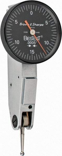 TESA Brown & Sharpe - 0.03 Inch Range, 0.0005 Inch Dial Graduation, Horizontal Dial Test Indicator - 1 Inch Black Dial, 0-15-0 Dial Reading - Exact Industrial Supply